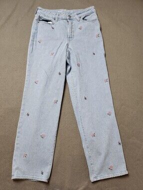 Old Navy OG Loose Jeans Womens 10 High Rise Light Wash Floral Embroidered Casual